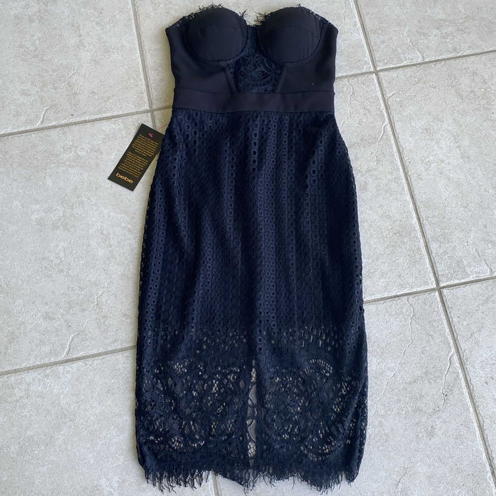😍 bebe Black Strapless Bodycon Lace MIDI Dress 👗 size 2